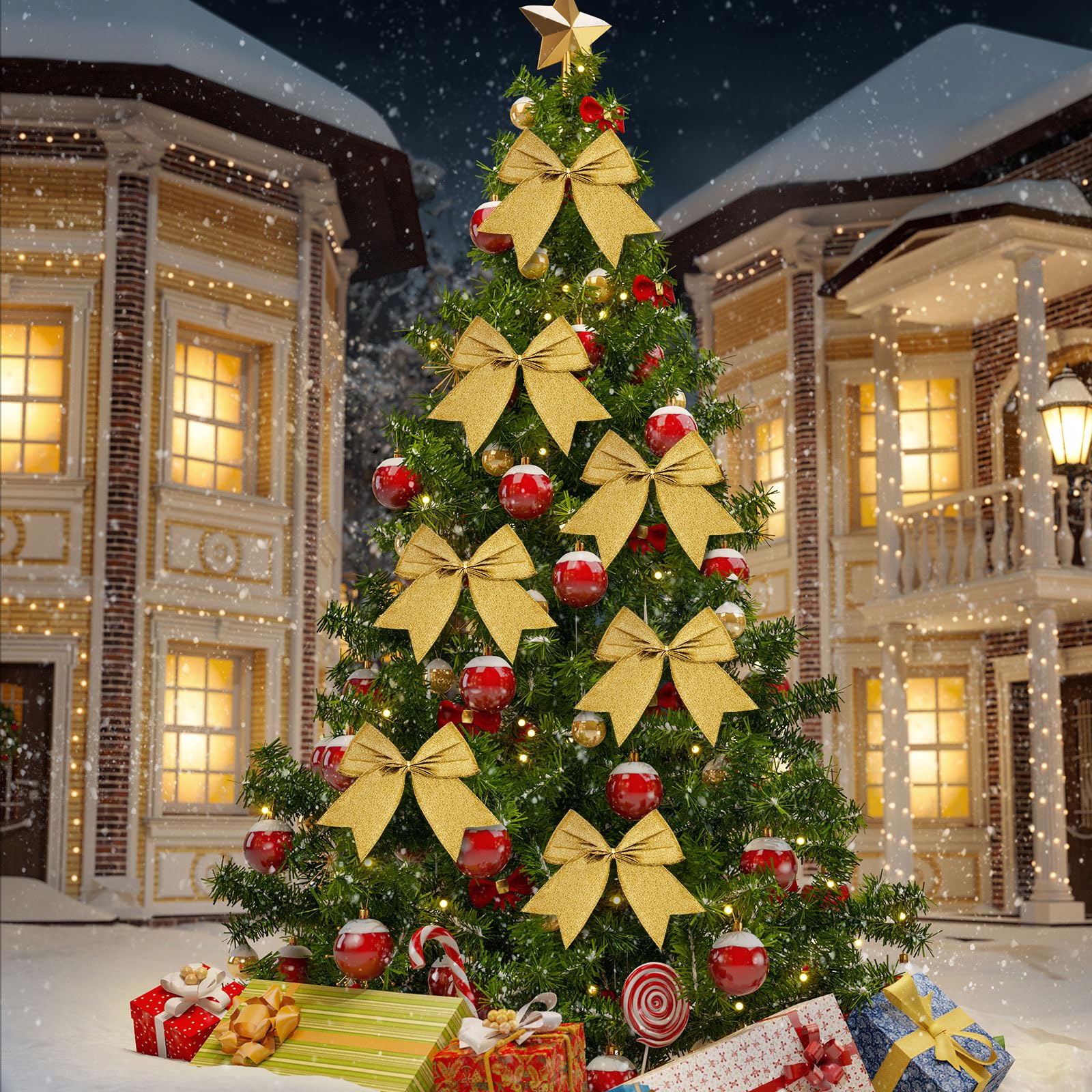 Cindeer 24 Pcs Gold Christmas Bow Decorations 6 Inch, Glitter Holiday Bows with Sequin Ties for Xmas Tree, Halloween, Wreath, DI